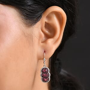 D'Joy Ouro Fino Rubellite and White Zircon 3.10 ctw Trilogy Lever Back Earrings in Rhodium Over Sterling Silver