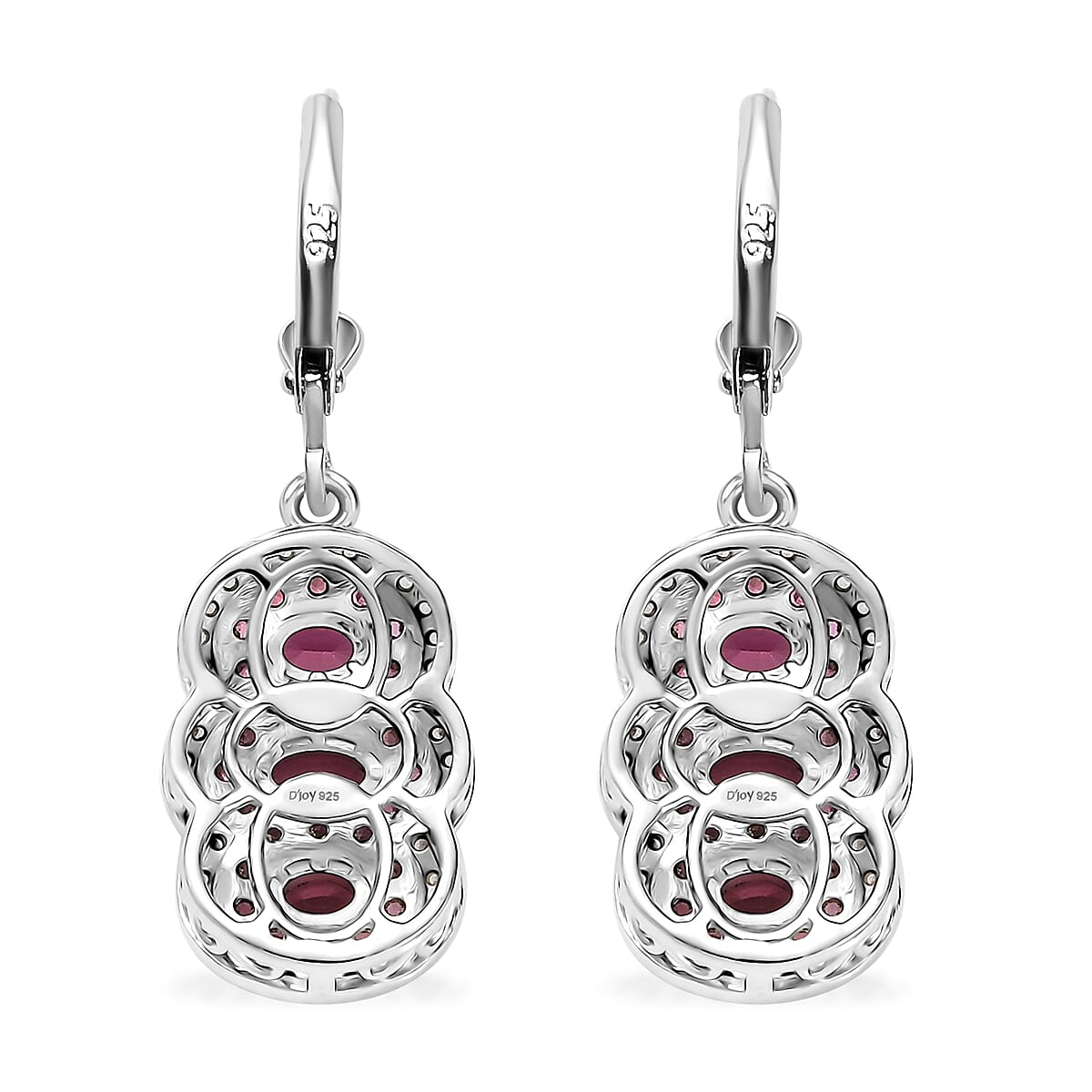 D'Joy Ouro Fino Rubellite and White Zircon 3.10 ctw Trilogy Lever Back Earrings in Rhodium Over Sterling Silver