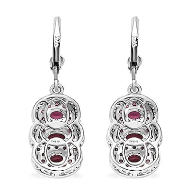 D'Joy Ouro Fino Rubellite and White Zircon 3.10 ctw Trilogy Lever Back Earrings in Rhodium Over Sterling Silver