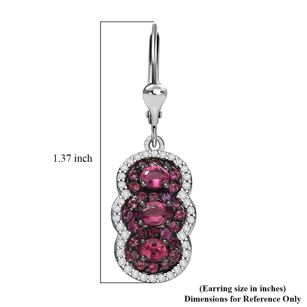 D'Joy Ouro Fino Rubellite and White Zircon 3.10 ctw Trilogy Lever Back Earrings in Rhodium Over Sterling Silver