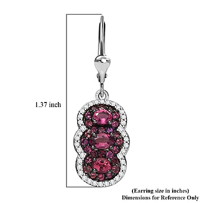 D'Joy Ouro Fino Rubellite and White Zircon 3.10 ctw Trilogy Lever Back Earrings in Rhodium Over Sterling Silver