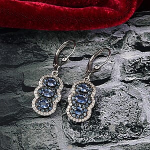 D'Joy Ceylon Blue Sapphire and White Zircon 3.25 ctw Trilogy Lever Back Earrings in Rhodium Over Sterling Silver 