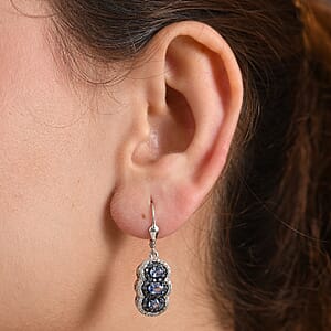 D'Joy Ceylon Blue Sapphire and White Zircon 3.25 ctw Trilogy Lever Back Earrings in Rhodium Over Sterling Silver 