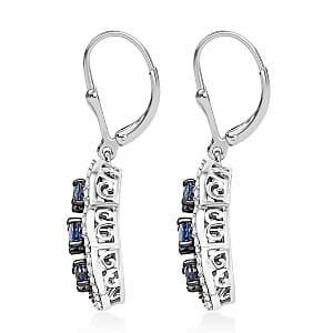D'Joy Ceylon Blue Sapphire and White Zircon 3.25 ctw Trilogy Lever Back Earrings in Rhodium Over Sterling Silver 