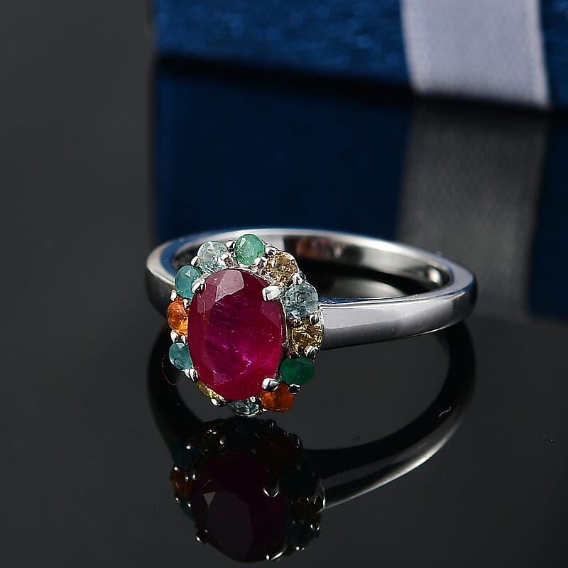 D'Joy Niassa Ruby (FF) and Multi Gemstones 2.40 ctw Ring in Rhodium Over Sterling Silver (Size 10.0)