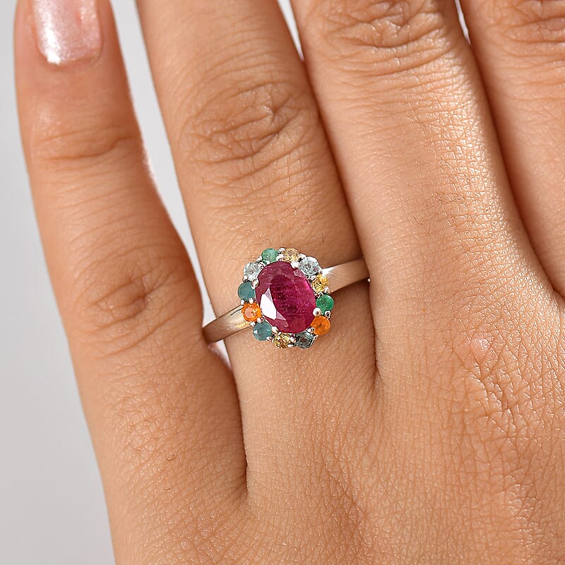 D'Joy Niassa Ruby (FF) and Multi Gemstones 2.40 ctw Ring in Rhodium Over Sterling Silver (Size 10.0)