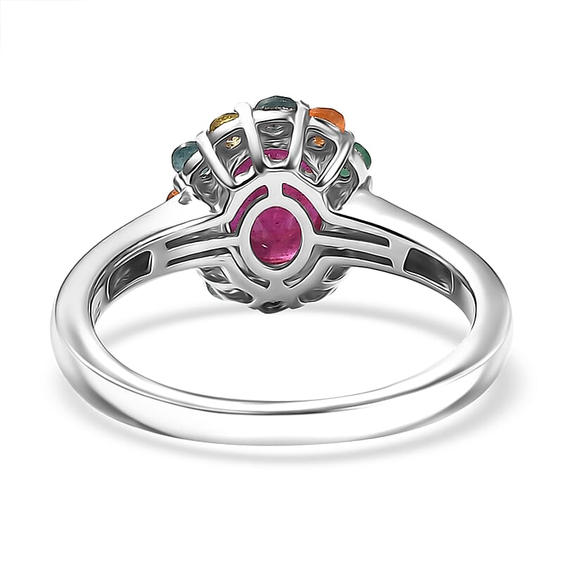 D'Joy Niassa Ruby (FF) and Multi Gemstones 2.40 ctw Ring in Rhodium Over Sterling Silver (Size 10.0)