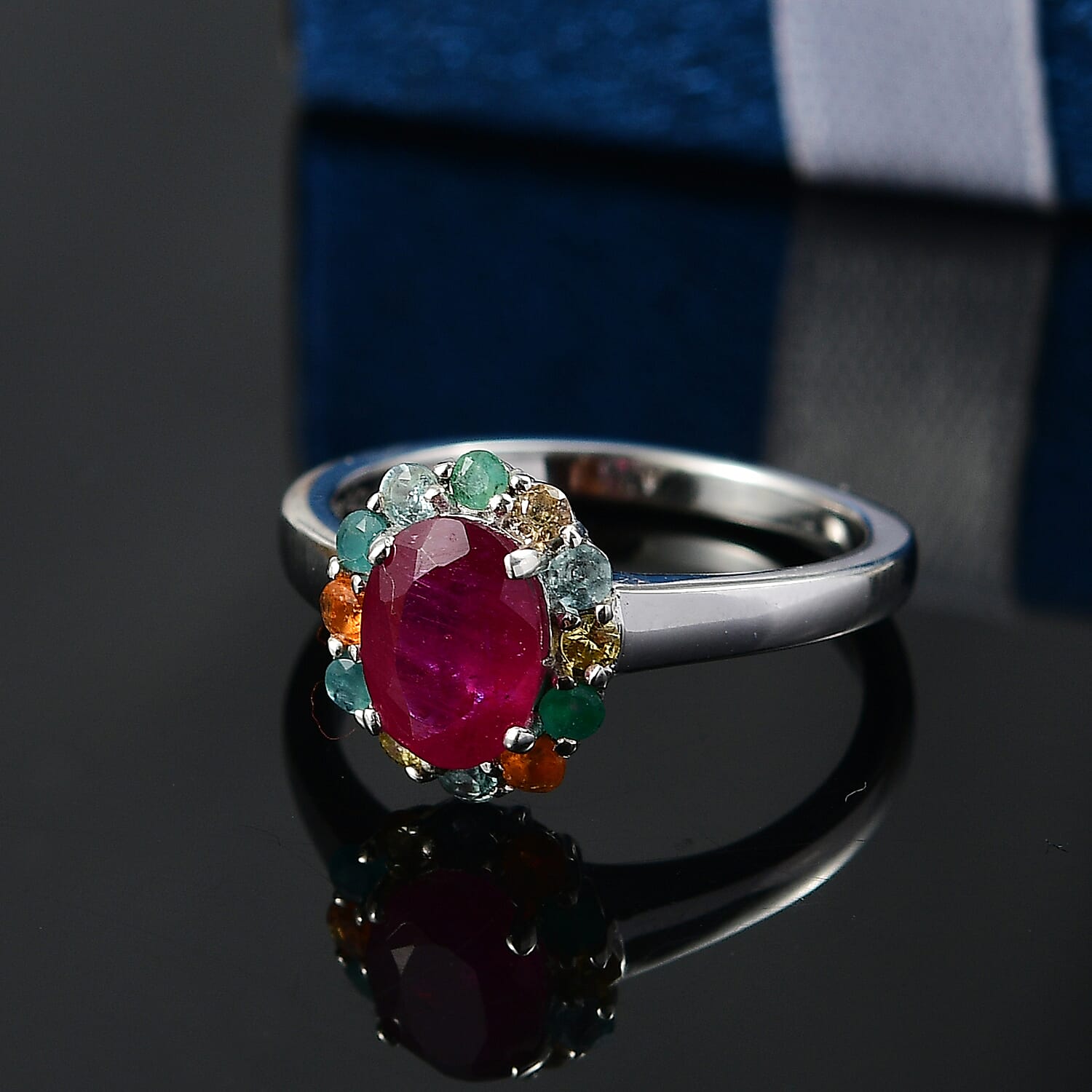 Niassa Ruby and Multi Gemstones 2.40 ctw Ring in Rhodium Over Sterling Silver (Size 10.0)