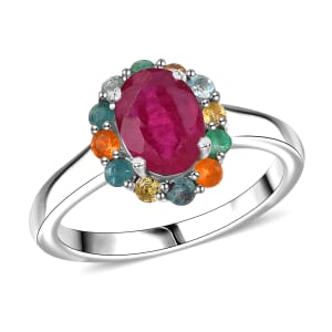 Niassa Ruby (FF) and Multi Gemstones 2.40 ctw Ring in Rhodium Over Sterling Silver (Size 8.0)