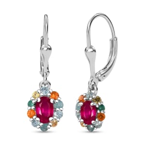 Niassa Ruby (FF) and Multi Gemstones 2.10 ctw Dangling Earrings in Rhodium Over Sterling Silver