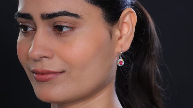 D'Joy Niassa Ruby (FF) and Multi Gemstones 2.10 ctw Dangling Earrings in Rhodium Over Sterling Silver