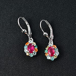 D'Joy Niassa Ruby (FF) and Multi Gemstones 2.10 ctw Dangling Earrings in Rhodium Over Sterling Silver