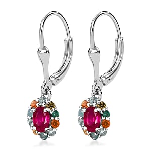 D'Joy Niassa Ruby (FF) and Multi Gemstones 2.10 ctw Dangling Earrings in Rhodium Over Sterling Silver