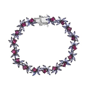 AAA Radiant Ember Garnet and Tanzanite 10.70 ctw Floral Link Bracelet in Rhodium Over Sterling Silver (6.50 In)