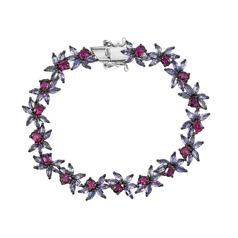 D'Joy AAA Radiant Ember Garnet and Tanzanite 10.70 ctw Floral Link Bracelet in Rhodium Over Sterling Silver (6.50 In)