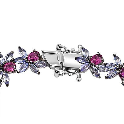 D'Joy AAA Radiant Ember Garnet and Tanzanite 10.70 ctw Floral Link Bracelet in Rhodium Over Sterling Silver (6.50 In)