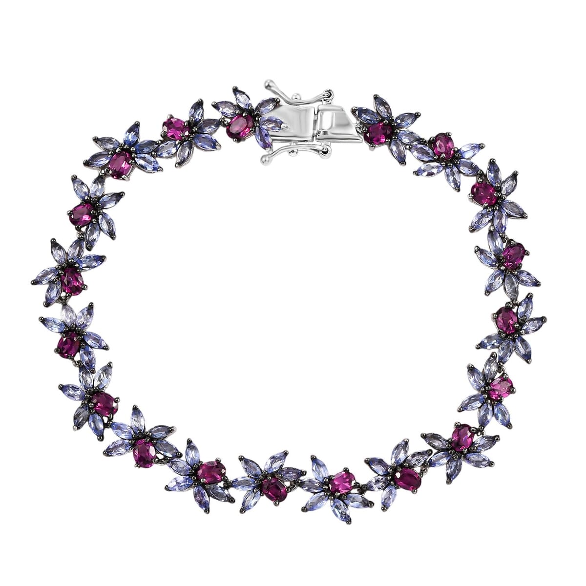 AAA Radiant Ember Garnet and Tanzanite 12.00 ctw Floral Link Bracelet in Rhodium Over Sterling Silver (7.25 In) image number 0