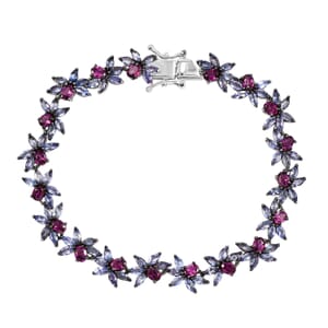 AAA Radiant Ember Garnet and Tanzanite 12.00 ctw Floral Link Bracelet in Rhodium Over Sterling Silver (7.25 In)