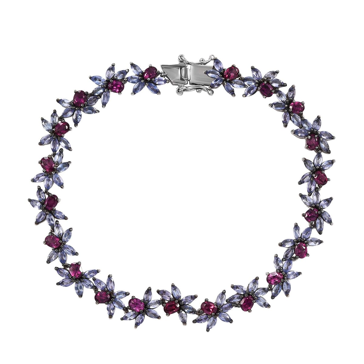AAA Radiant Ember Garnet and Tanzanite 13.25 ctw Floral Link Bracelet in Rhodium Over Sterling Silver (8.00 In) image number 0