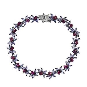 AAA Radiant Ember Garnet and Tanzanite 13.25 ctw Floral Link Bracelet in Rhodium Over Sterling Silver (8.00 In)