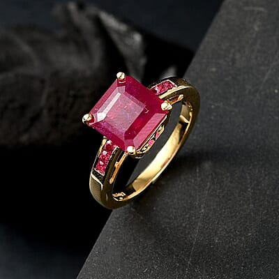 Asscher Cut African Ruby (FF) 8.15 ctw Ring in 18K Vermeil YG Sterling Silver (Size 6.5)