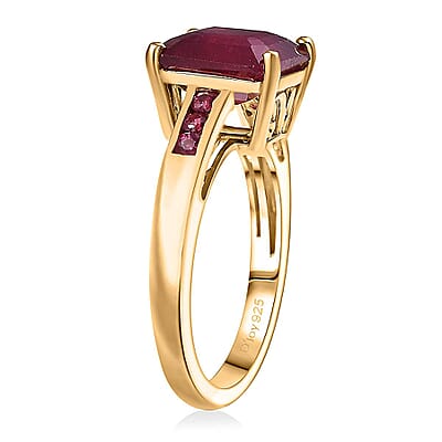Asscher Cut African Ruby (FF) 8.15 ctw Ring in 18K Vermeil YG Sterling Silver (Size 6.5)