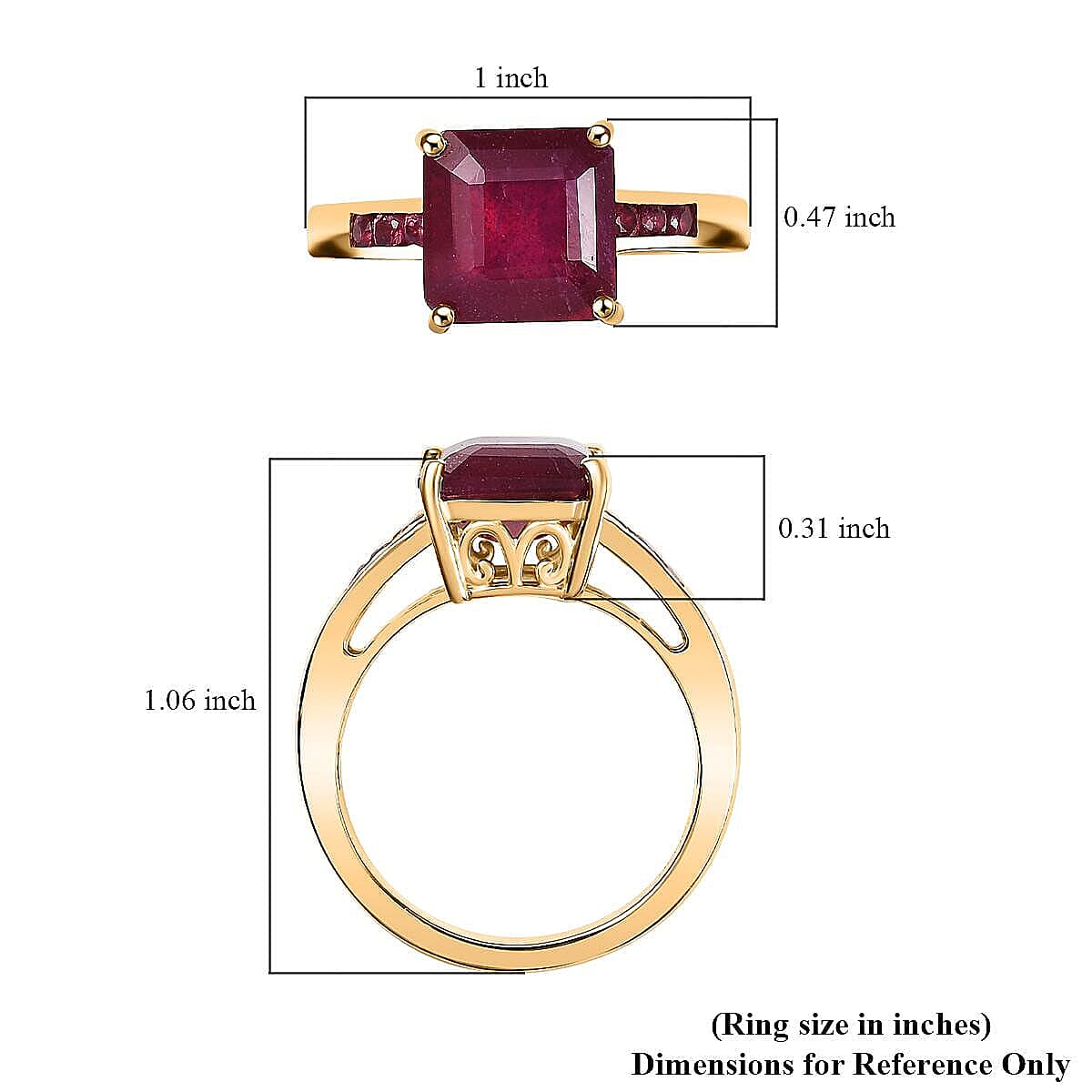 Asscher Cut African Ruby (FF) 8.15 ctw Ring in 18K Vermeil YG Sterling Silver (Size 6.5)