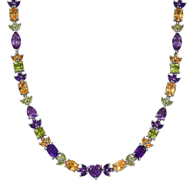 GP Royal Art Deco Collection Premium Rose De France Amethyst and Multi Gemstones 22.00 ctw Necklace in Rhodium Over Sterling Silver 18 Inches