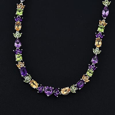 GP Royal Art Deco Collection Premium Rose De France Amethyst and Multi Gemstones 22.00 ctw Necklace in Rhodium Over Sterling Silver 18 Inches