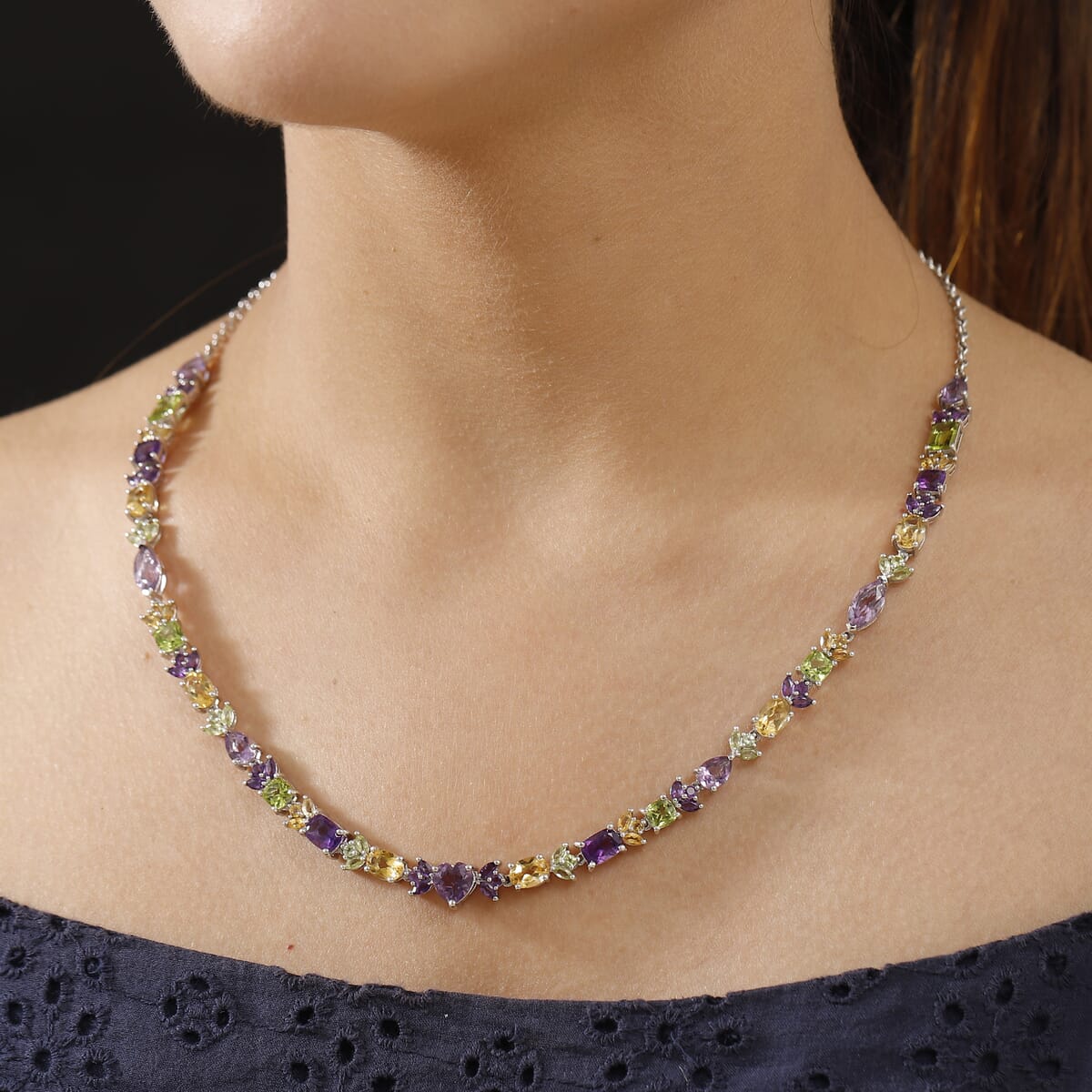 GP Royal Art Deco Collection Premium Rose De France Amethyst and Multi Gemstones 22.00 ctw Necklace in Rhodium Over Sterling Silver 18 Inches image number 2