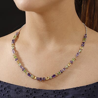 GP Royal Art Deco Collection Premium Rose De France Amethyst and Multi Gemstones 22.00 ctw Necklace in Rhodium Over Sterling Silver 18 Inches
