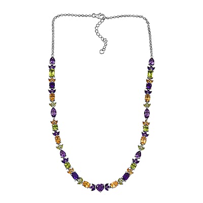 GP Royal Art Deco Collection Premium Rose De France Amethyst and Multi Gemstones 22.00 ctw Necklace in Rhodium Over Sterling Silver 18 Inches