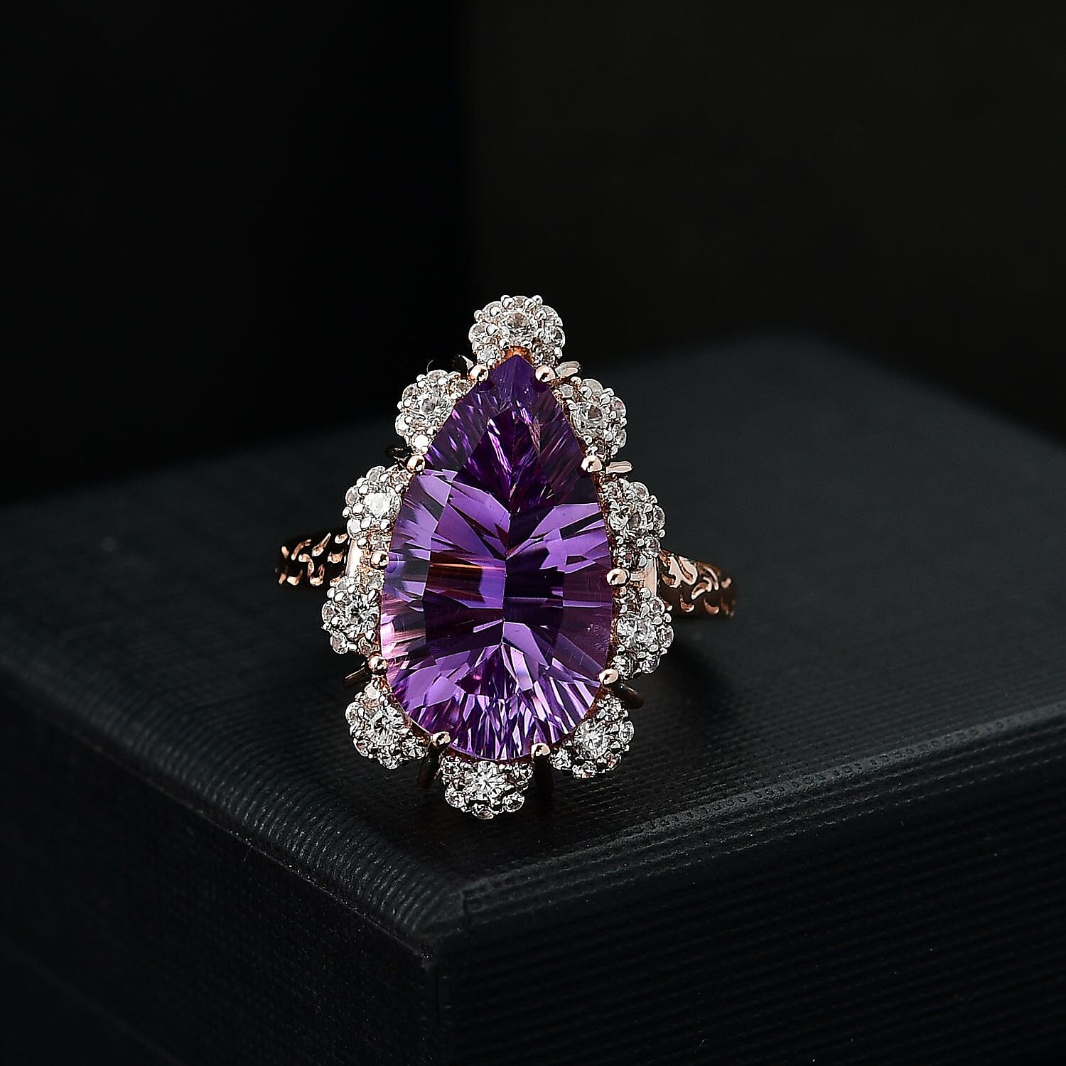 AAA Rose De France Amethyst and White Zircon 8.70 ctw Ring in 18K Vermeil Rose Gold Over Sterling Silver