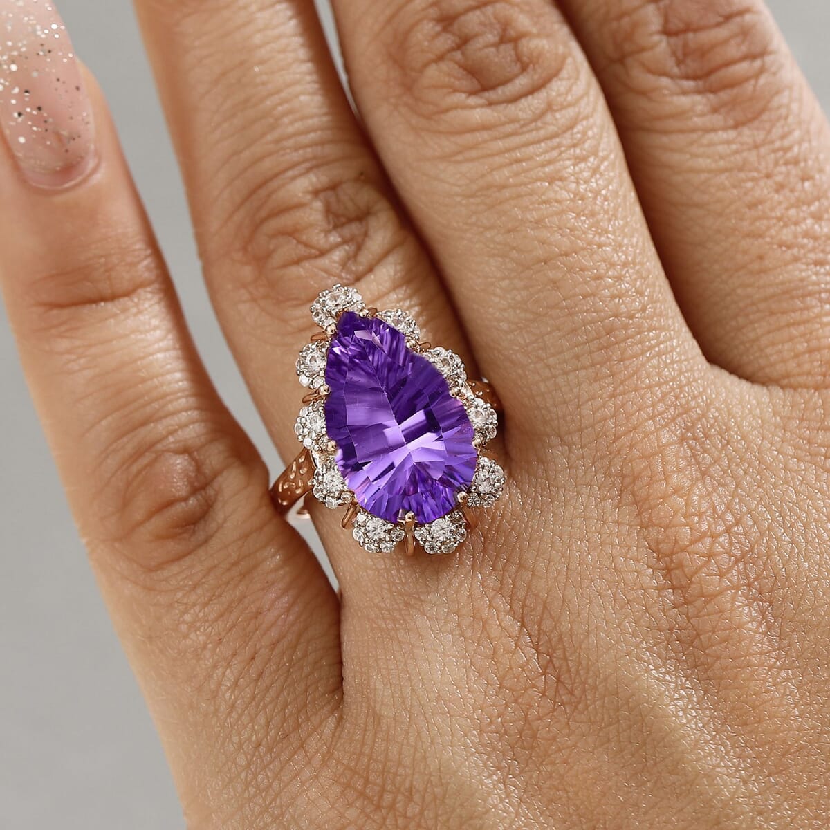 AAA Rose De France Amethyst and White Zircon 8.70 ctw Orchid Dew Ring in 18K Vermeil Rose Gold Over Sterling Silver (Size 9.0) image number 2