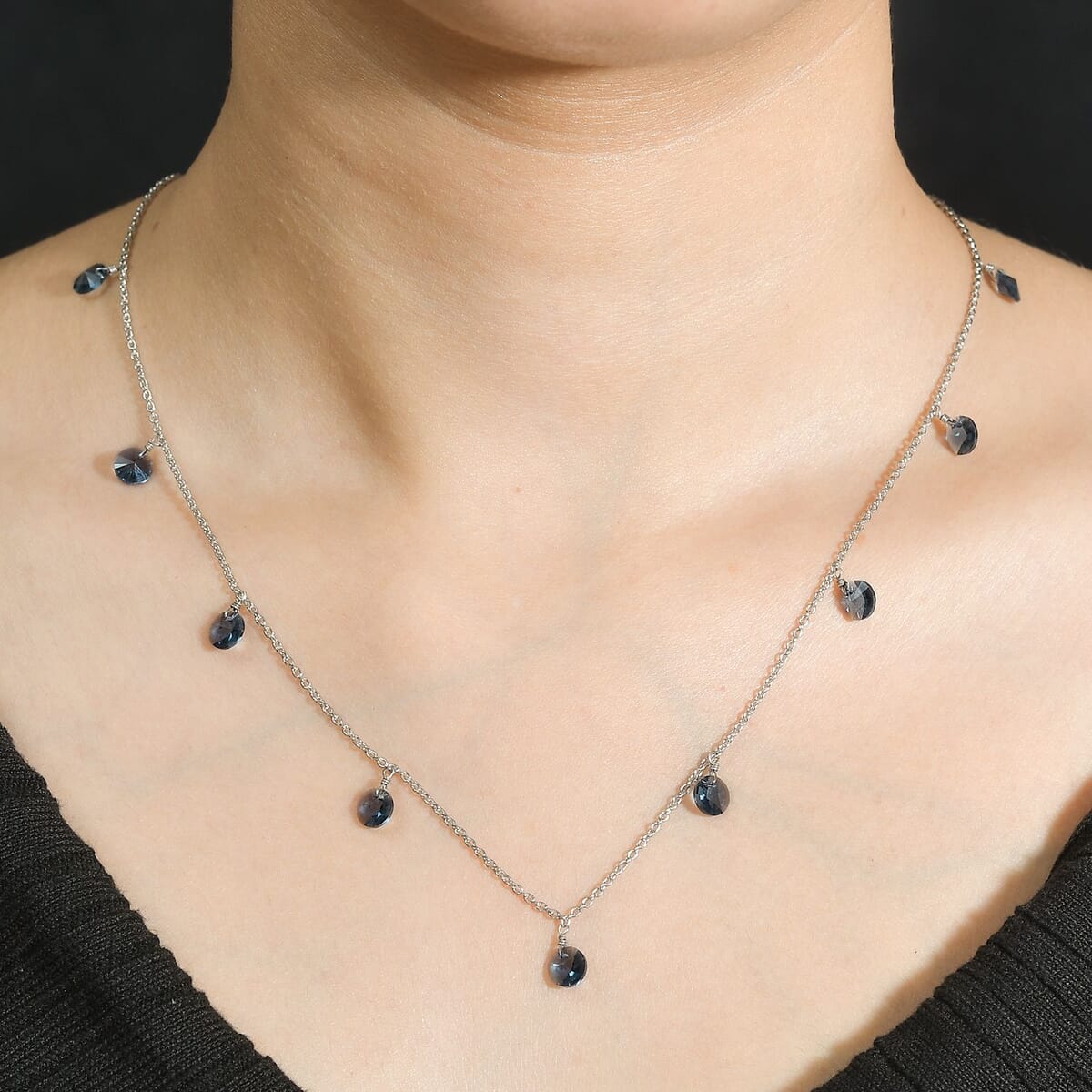 J Francis Embellished with Denim Blue Color Crystal by Swarovski Necklace in Rhodium Over Sterling Silver 18 Inches image number 2