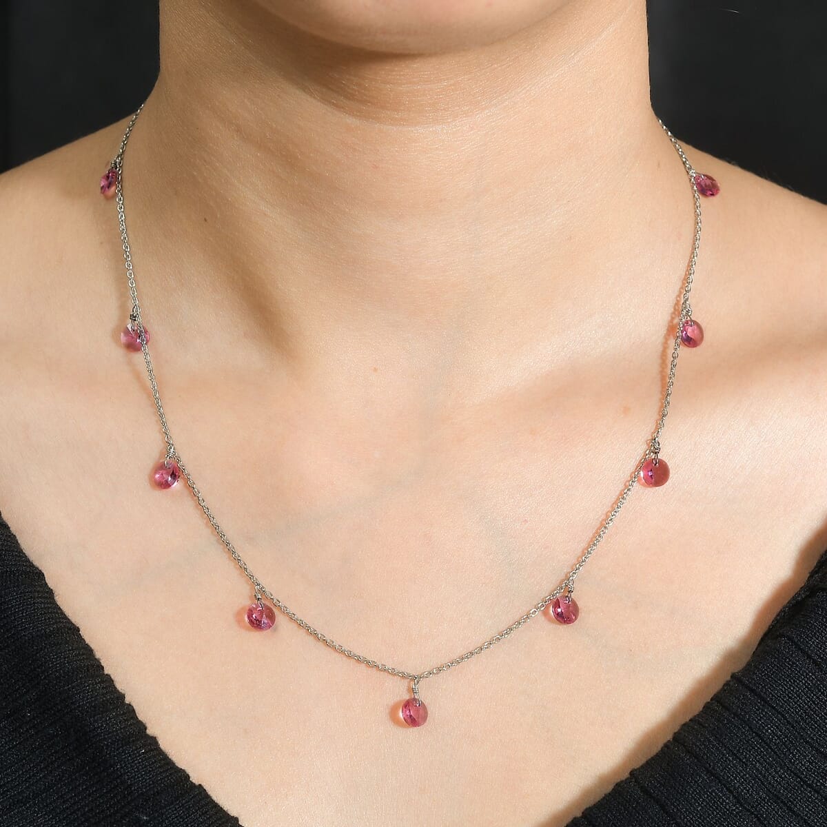 J Francis Embellished with Rose Color Crystal by Swarovski Necklace in Rhodium Over Sterling Silver 18 Inches image number 2