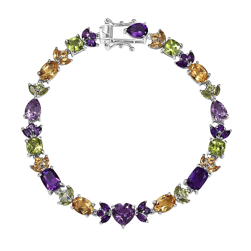 GP Royal Art Deco Collection Premium Rose De France Amethyst and Multi Gemstone 15.20 ctw Bracelet in Rhodium Over Sterling Silver (7.25 In)