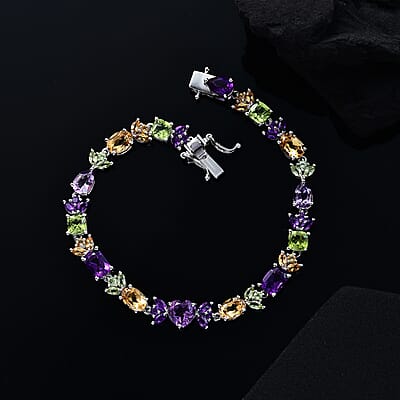 GP Royal Art Deco Collection Premium Rose De France Amethyst and Multi Gemstone 15.20 ctw Bracelet in Rhodium Over Sterling Silver (7.25 In)