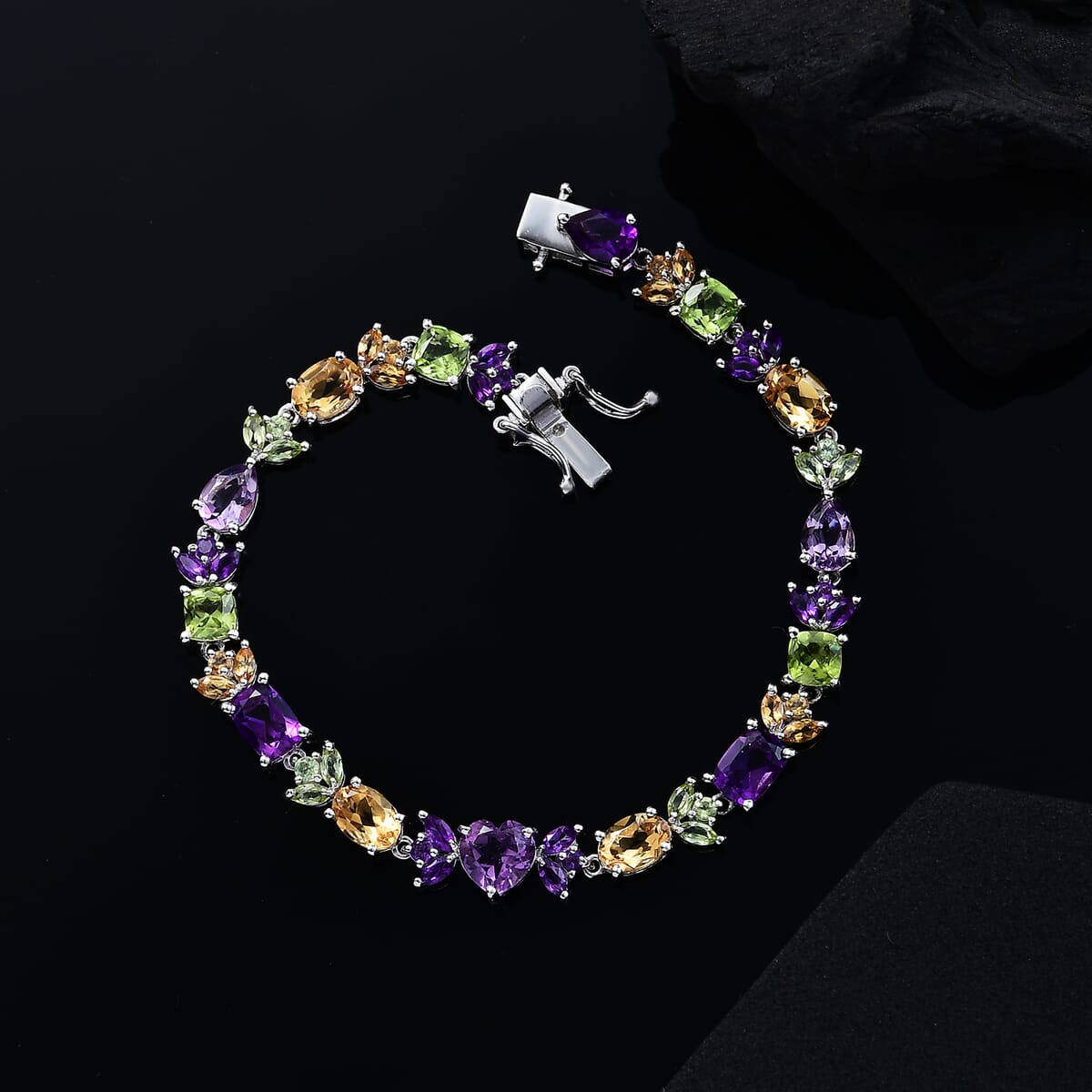 GP Royal Art Deco Collection Premium Rose De France Amethyst and Multi Gemstones 16.10 ctw Linking Bracelet in Rhodium Over Sterling Silver (8.00 In) image number 1