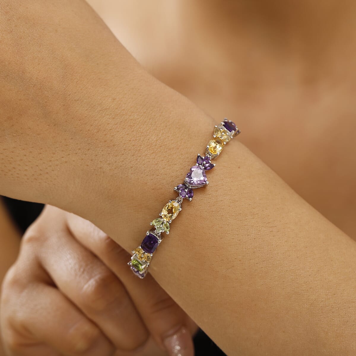 GP Royal Art Deco Collection Premium Rose De France Amethyst and Multi Gemstones 16.10 ctw Linking Bracelet in Rhodium Over Sterling Silver (8.00 In) image number 2