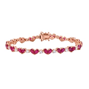 Niassa Ruby (FF) and White Zircon 12.50 ctw Heart Bracelet in 18K Vermeil Rose Gold Over Sterling Silver (8.00 In)