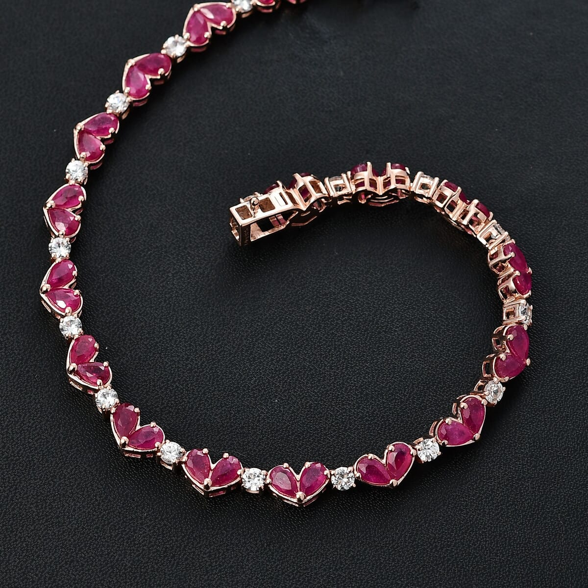 Niassa Ruby (FF) and White Zircon 12.50 ctw Heart Bracelet in 18K Vermeil Rose Gold Over Sterling Silver (8.00 In) image number 1