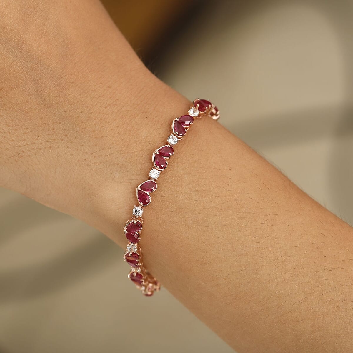 Niassa Ruby (FF) and White Zircon 12.50 ctw Heart Bracelet in 18K Vermeil Rose Gold Over Sterling Silver (8.00 In) image number 2