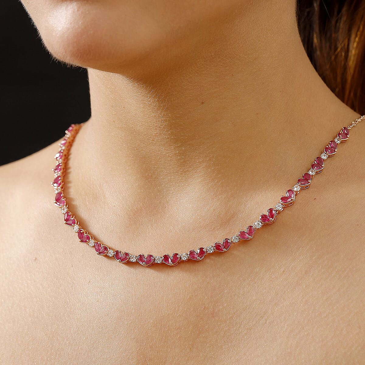Epic Deal Niassa Ruby (FF) and White Zircon 15.50 ctw Heart Necklace in 18K Vermeil Rose Gold Sterling Silver 18 Inches image number 2
