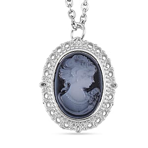 Strada Cameo Japanese Movement Pocket Watch in Silvertone with Stainless Steel Chain (36 Inches) 3.80 ctw