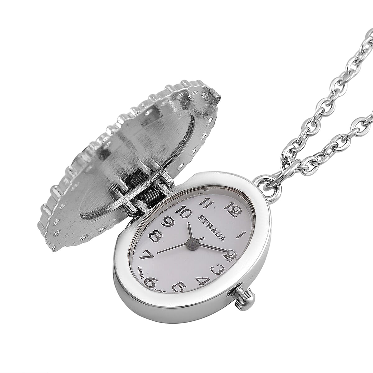 Strada Cameo Japanese Movement Pocket Watch in Silvertone with Stainless Steel Chain (36 Inches) 3.80 ctw image number 2