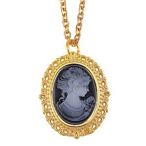 Strada Cameo Japanese Movement Pocket Watch in Goldtone with ION Plated YG Stainless Steel Chain (36 Inches) 3.80 ctw