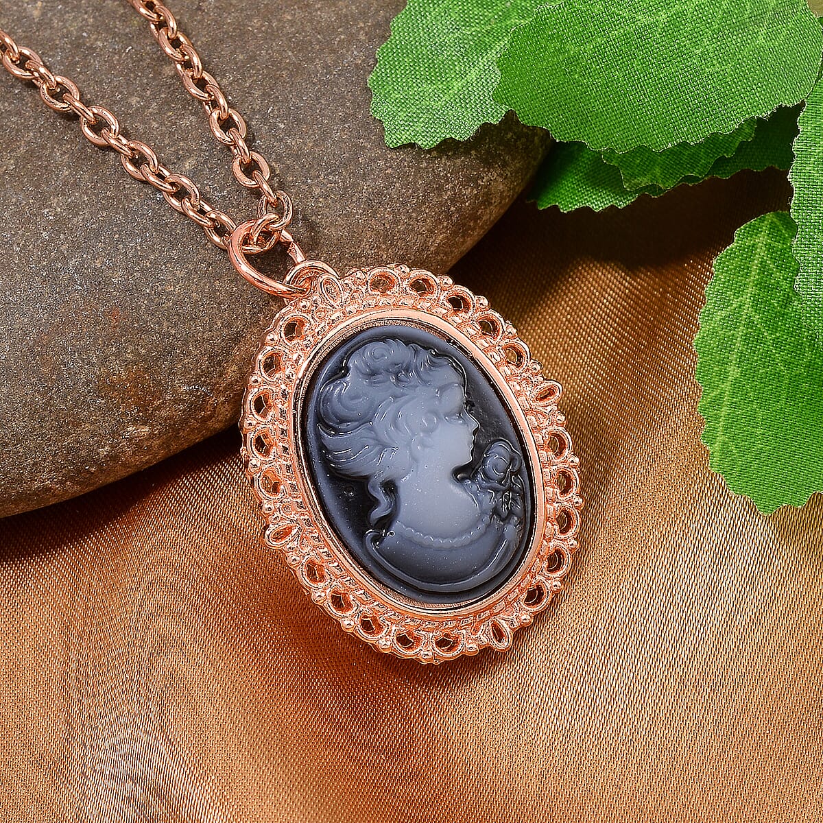 Strada Cameo Japanese Movement Pocket Watch in Goldtone with ION Plated RG Stainless Steel Chain (36 Inches) 3.80 ctw image number 1