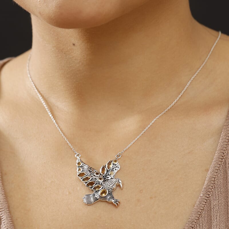 Indian Artisan Crafted AAA Brazilian Citrine 2.15 ctw Eagle Necklace in Sterling Silver 20 Inches