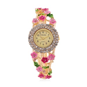 Strada Multi Color Crystal and Enameled Japanese Movement Cherry Blossom Bangle Bracelet Watch in Goldtone